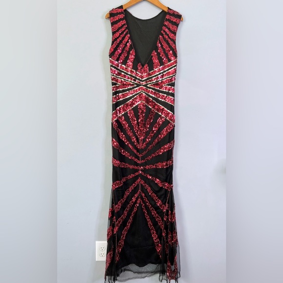 Red and Black Gatsby 1920s Style Sequined Gown Size Small - Picture 10 of 16